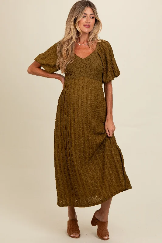 Fashion-forward women’s clothing on a budget Olive Smocked V-Neck Short Puff Sleeve Textured Maternity Midi Dress Fashion-forward women’s clothing on a budget Olive Smocked V-Neck Short Puff Sleeve Textured Maternity Midi Dress