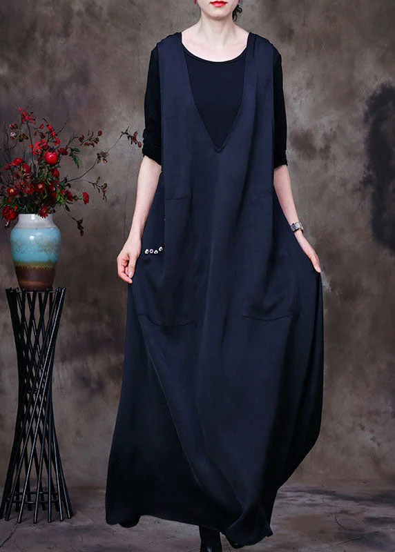 Versatile fashion for every type of woman   Fashion Black V Neck pockets Silk Maxi Dresses Sleeveless