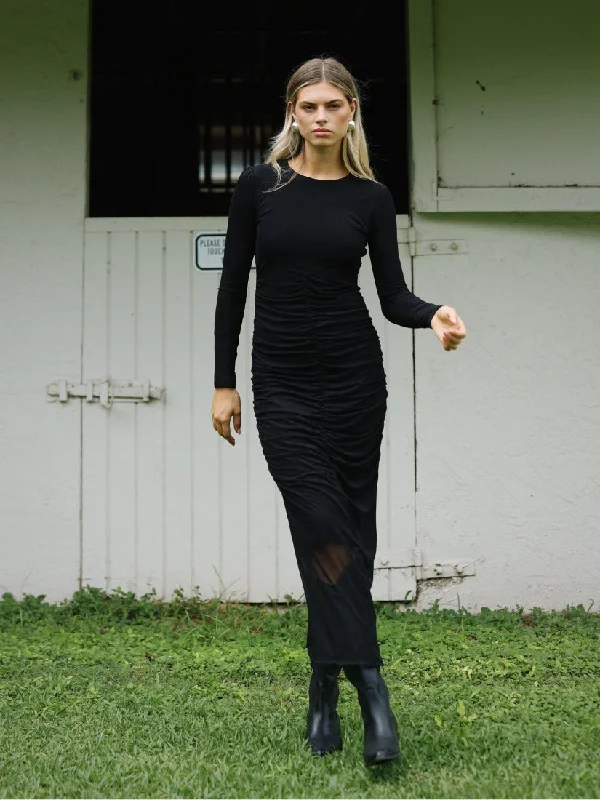 Trendy women’s clothing    Black Ruched Center Mesh Maxi Dress