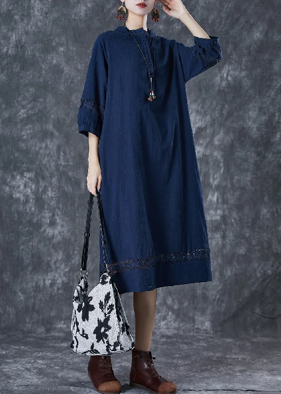 Feminine and fashionable clothing for every wardrobe   Navy Hollow Out Cotton Maxi Dress Oversized Bracelet Sleeve