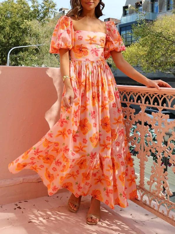 Elegant evening wear for special events Floral Print Puff Sleeve Graceful Back Smocked Pocket Maxi Dress Elegant evening wear for special events Floral Print Puff Sleeve Graceful Back Smocked Pocket Maxi Dress
