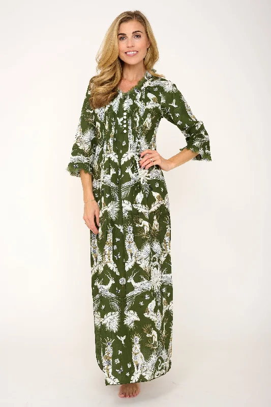 Elevate your look with premium women’s wear   Cotton Annabel Maxi Dress in Olive Green Tropical