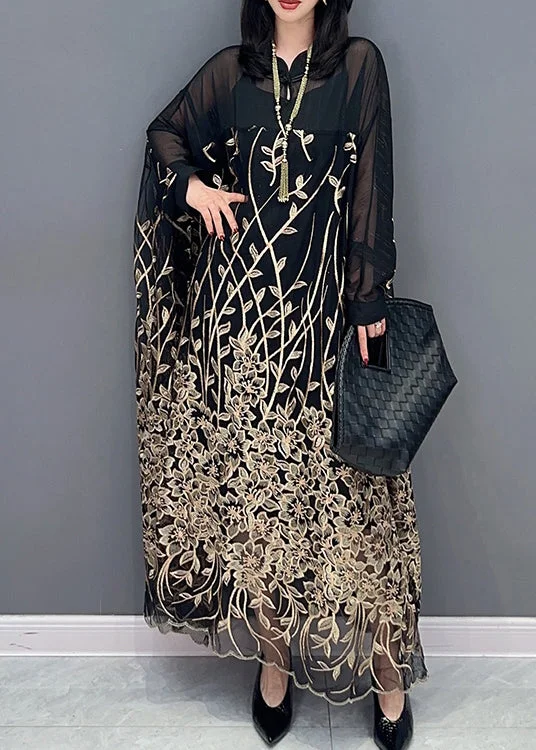 Iconic women’s outfits that never go out of style   Classy Black Stand Collar Embroideried Button Tulle Maxi Dress Long Sleeve