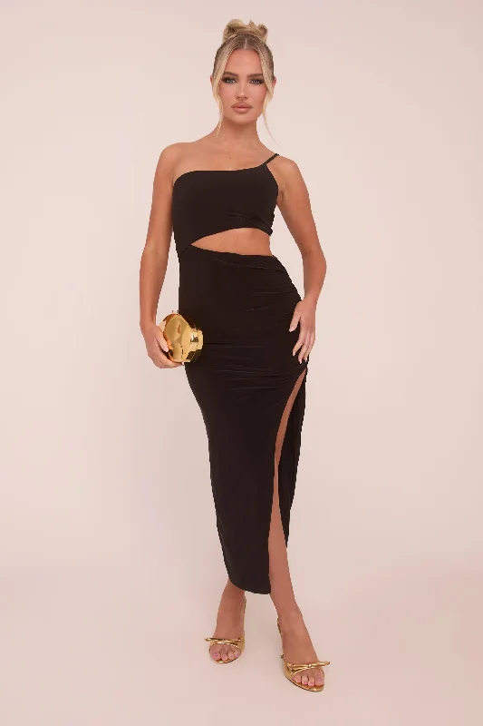 Bold and beautiful clothing for every woman   Black One Shoulder Cut Out Midi Dress - Antonia