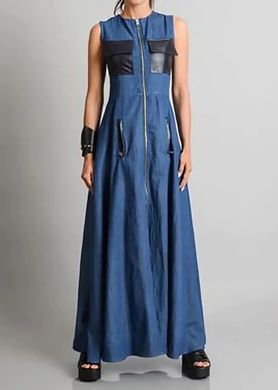 Soft, breathable fabrics for fashionable women   Italian Blue O Neck Zippered Patchwork Denim Maxi Dresses Sleeveless