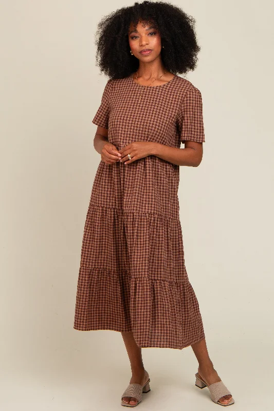 Step into style with our women’s clothing collection   Mocha Gingham Tiered Midi Dress