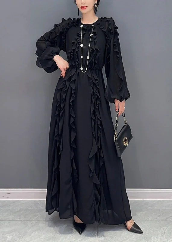 Elegant casual clothing for modern women Elegant Black Ruffles Cinched Chiffon Maxi Dresses Spring Elegant casual clothing for modern women Elegant Black Ruffles Cinched Chiffon Maxi Dresses Spring