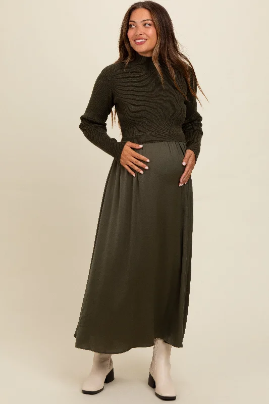 Fashion-forward styles that make a statement   Olive Knit Contrast Top Satin Maternity Midi Dress