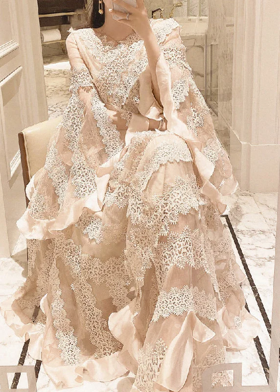 Chic, modern looks for the stylish woman   Women Apricot V Neck Patchwork Lace Maxi Dresses Long Sleeve