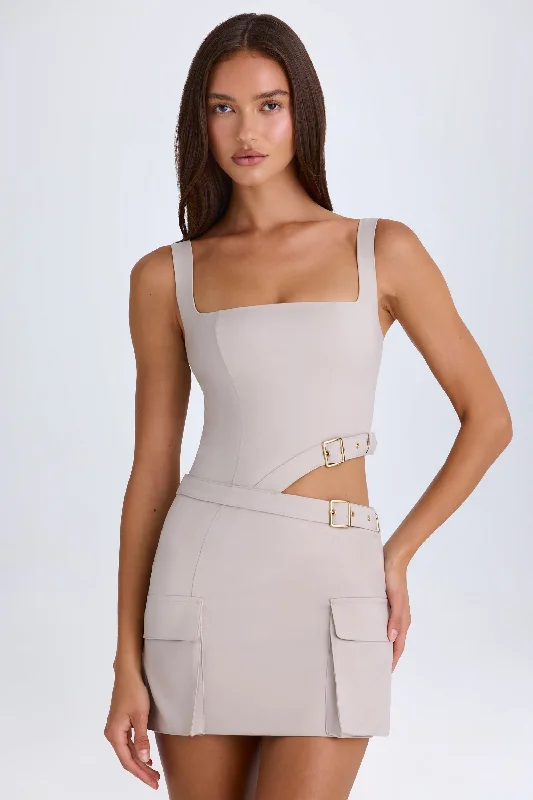 Soft, breathable fabrics for fashionable women   Belted Cut-Out Mini Dress in Taupe