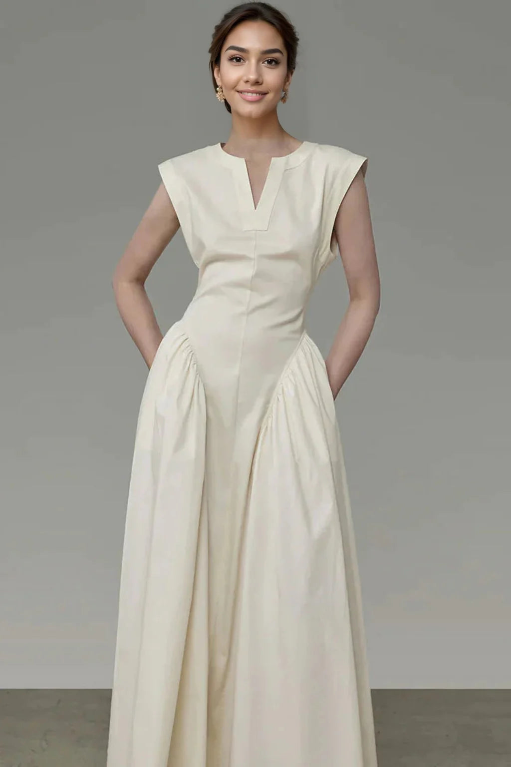 Confidence-boosting clothing for women   Classy V Neck Ruffle Detail Pocket Trim Sleeveless Maxi Dress - Apricot