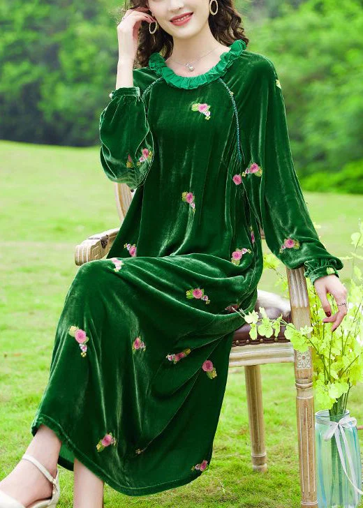 A perfect wardrobe for fashionable women Chic Green Ruffled Embroideried Floral Silk Velour Maxi Dresses Spring A perfect wardrobe for fashionable women Chic Green Ruffled Embroideried Floral Silk Velour Maxi Dresses Spring