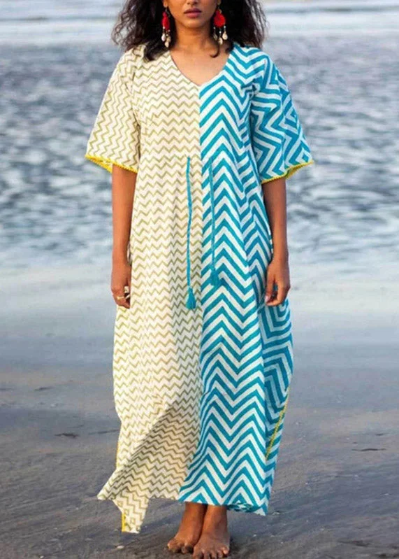 Uncover unique pieces for your perfect wardrobe   Bohemian Blue Yellow Striped Patchwork Drawstring Tie Waist Maxi Dresses Summer