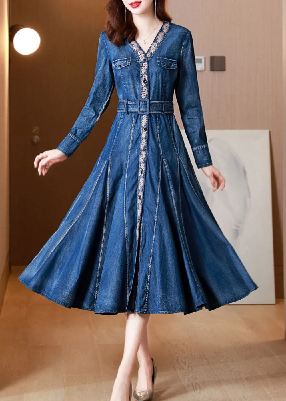 Refresh your wardrobe with trendy women’s apparel Casual Blue V Neck Print Button Sashes Silk Denim Maxi Dresses Long Sleeve Refresh your wardrobe with trendy women’s apparel Casual Blue V Neck Print Button Sashes Silk Denim Maxi Dresses Long Sleeve