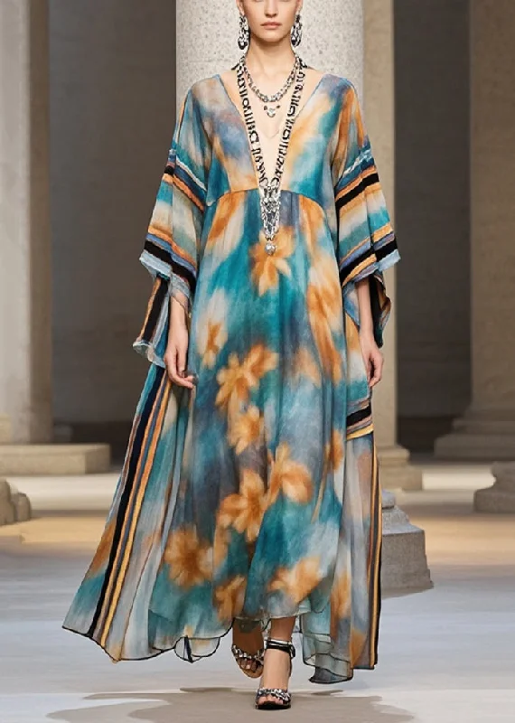 Soft, breathable fabrics for fashionable women   Unique Blue Oversized Print Chiffon Maxi Dresses Batwing Sleeve