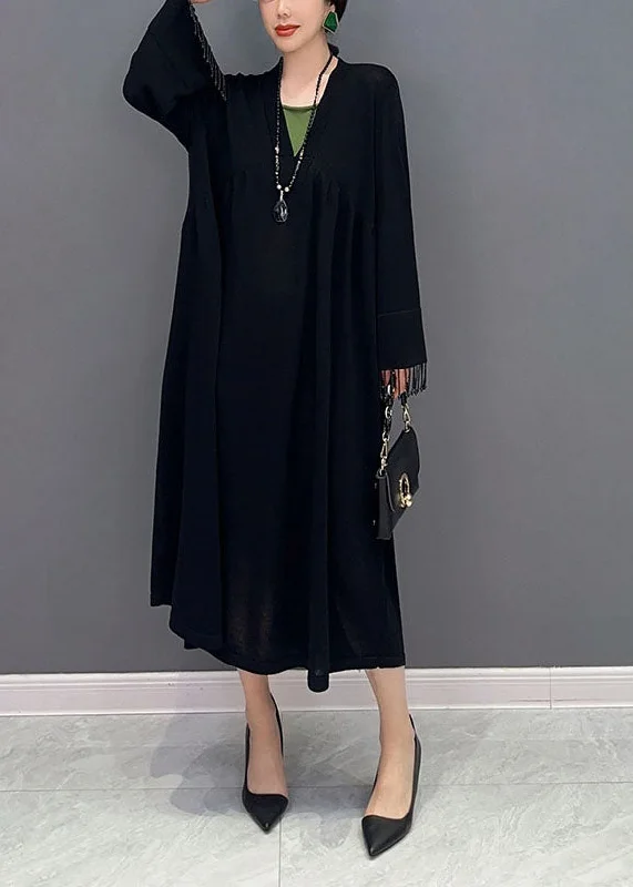 Feminine fashion to express your unique style Boutique Black V Neck Patchwork Knit Maxi Dresses Spring Feminine fashion to express your unique style Boutique Black V Neck Patchwork Knit Maxi Dresses Spring