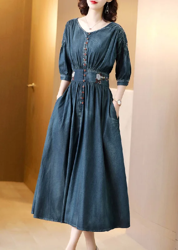 Dress up or down with these versatile pieces Boho Blue O-Neck Wrinkled Tunic Cotton Denim Maxi Dress Long Sleeve Dress up or down with these versatile pieces Boho Blue O-Neck Wrinkled Tunic Cotton Denim Maxi Dress Long Sleeve