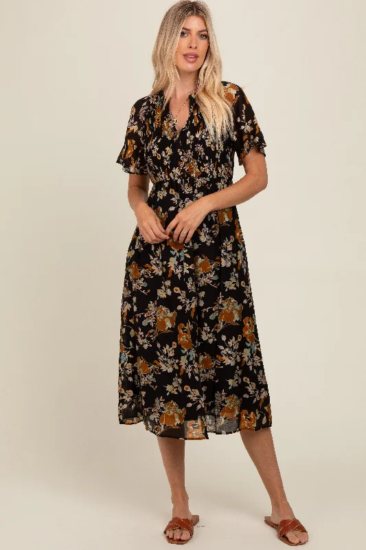 Statement pieces for the confident woman   Black Smocked Floral Midi Dress