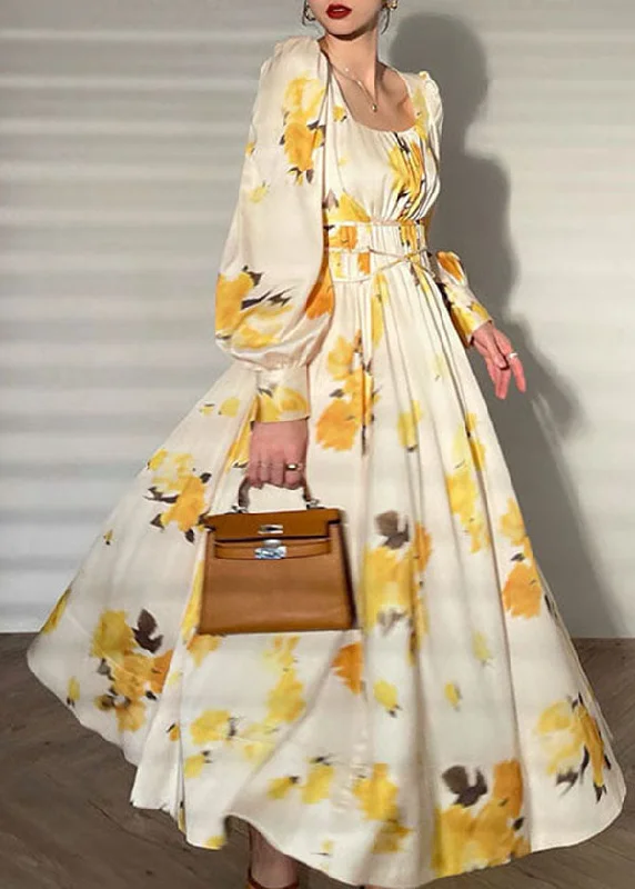 Elegant evening wear for special events   French Yellow Print Square Collar Exra Large Hem Silk Maxi Dresses Long Sleeve