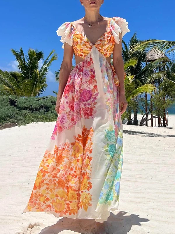 Chic, modern looks for the stylish woman Floral Frill Cutout Charming Back Tie-Up Maxi Dress Chic, modern looks for the stylish woman Floral Frill Cutout Charming Back Tie-Up Maxi Dress