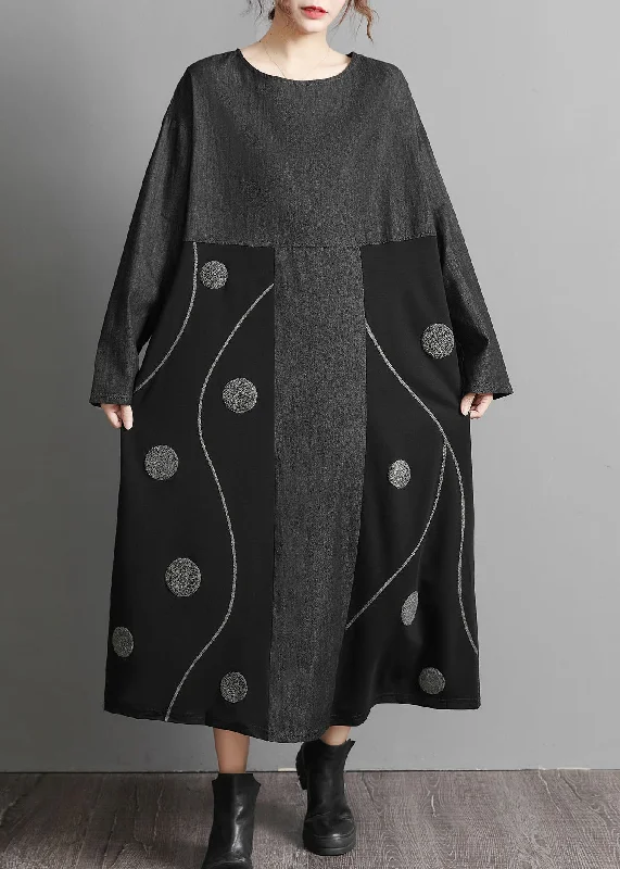 Step up your style with trendy women’s clothing   Black Pockets Patchwork denim Maxi Dresses Embroideried Spring