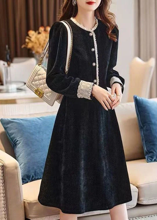 Perfect fashion pieces for the busy woman Art Black O-Neck Lace Patchwork Thick Corduroy Maxi Dresses Spring Perfect fashion pieces for the busy woman Art Black O-Neck Lace Patchwork Thick Corduroy Maxi Dresses Spring