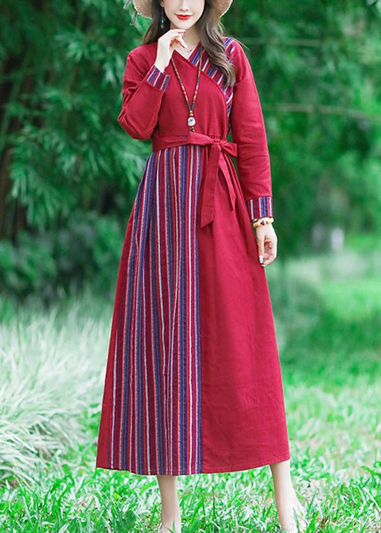 Stylish plus-size clothing for women   Red Tie Waist Tunic Linen Maxi Dress Long Sleeve