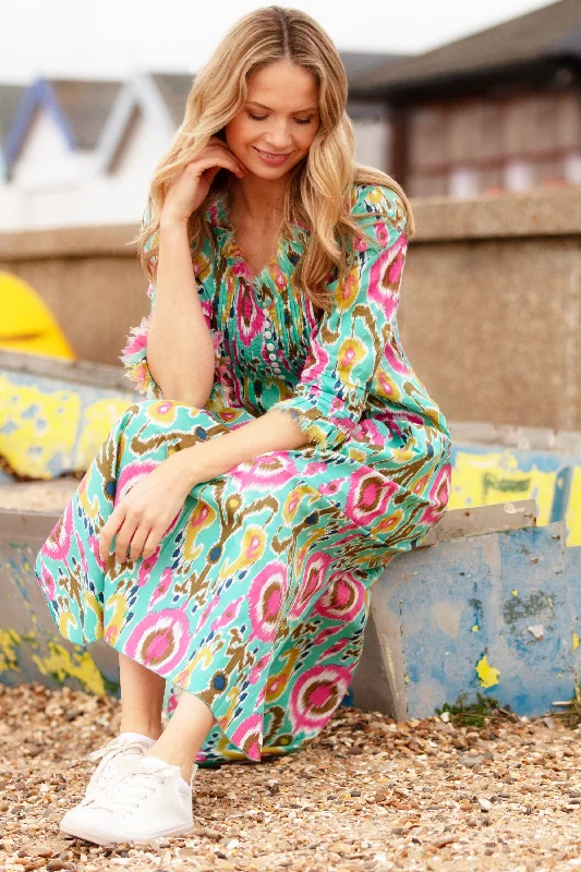 Stylish clothing designed to flatter every woman   Cotton Annabel Maxi Dress in Turquoise Multi Ikat