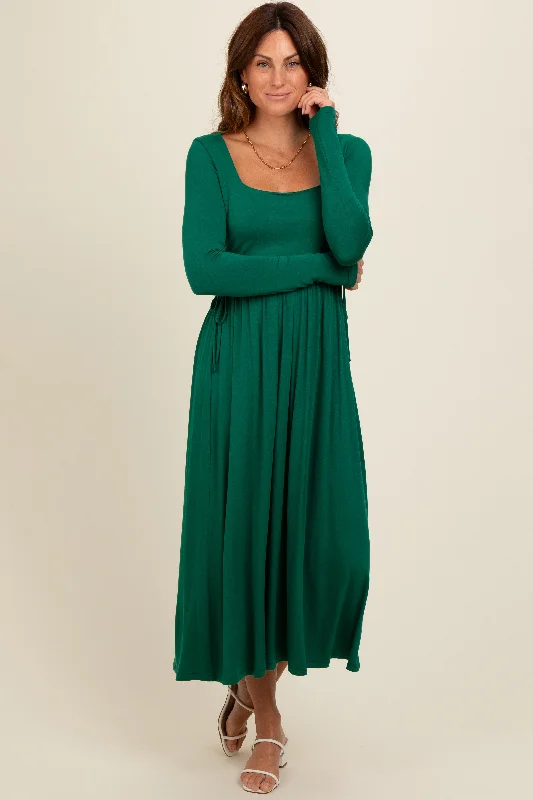 Luxurious fabrics and modern designs for women   Forest Green Square Neck Long Sleeve Midi Dress