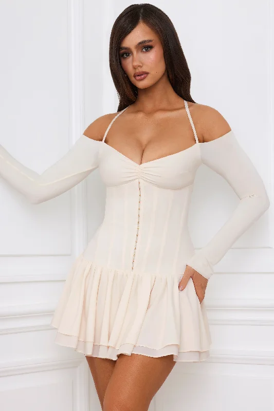 Designer-inspired women’s fashion at affordable prices   Off-Shoulder Tiered Corset Mini Dress in Ivory