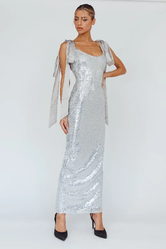 Bold and beautiful clothing for every woman Birthday Wish Tied Shoulder Sequin Maxi Dress Silver Bold and beautiful clothing for every woman Birthday Wish Tied Shoulder Sequin Maxi Dress Silver