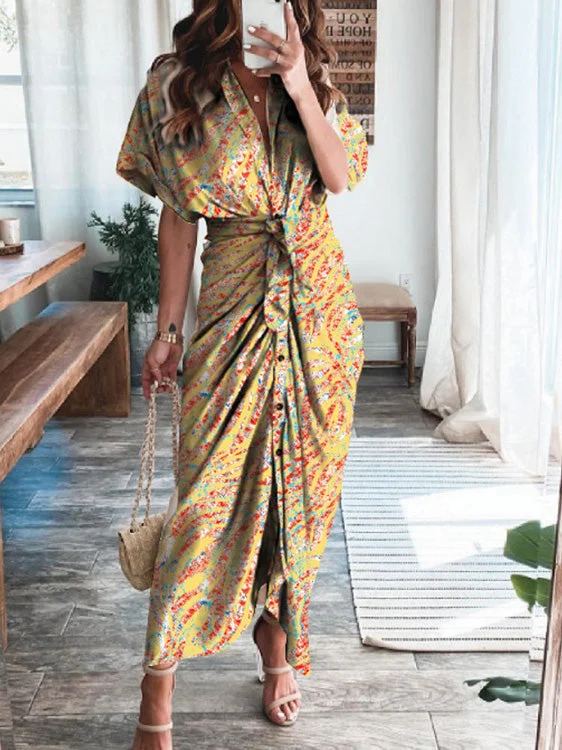 Get noticed with eye-catching women’s fashion   Textured Print Pleated Lace-Up Short Sleeve Dress