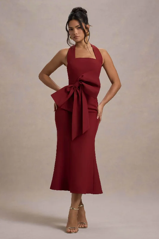 Step into style with our women’s clothing collection   Aman | Berry Halter-Neck Midi Dress With Oversized Bow