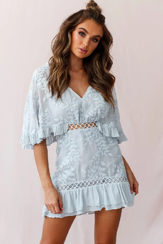 Caspar Leafy Embroidered Dress Baby Blue