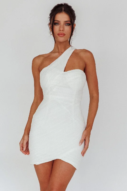 Meridith One Shoulder Accordion Pleat Mini Dress Off White