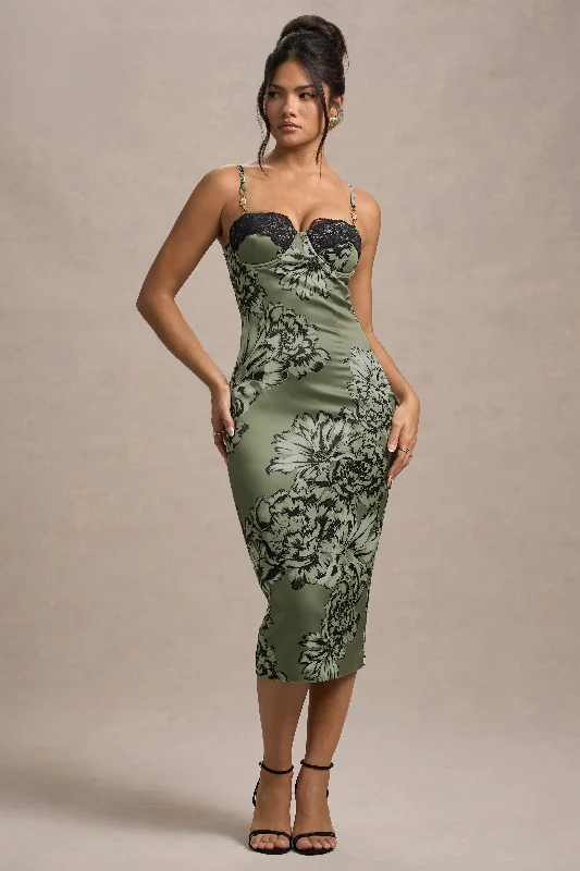 Trendy women’s clothing that suits every taste   Soprano | Olive Floral Print Satin Sweetheart Lace Trim Midi Dress