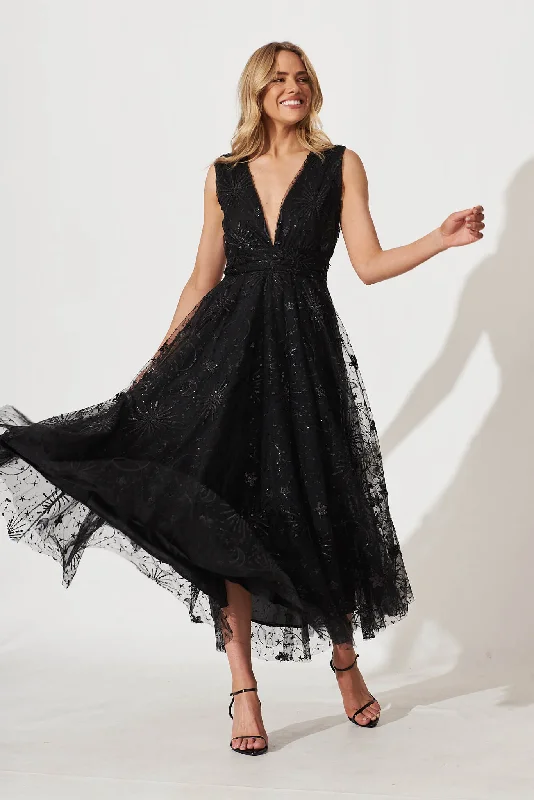 Dazzle Maxi Dress In Black Sequin Tulle