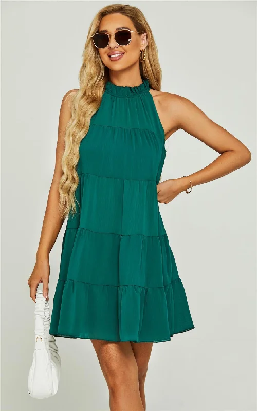 Tie Back Frill Halter Neck Mini Layer Dress In Green