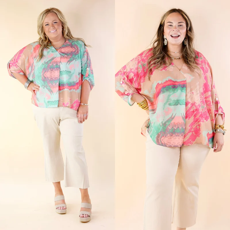 Colorful Dreams Half Sleeve Top With Pink Marble Print in Beige