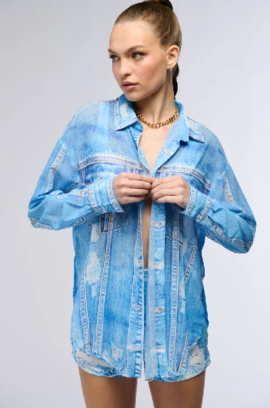 PRINTED DENIM LONG SLEEVE BUTTON DOWN SHIRT