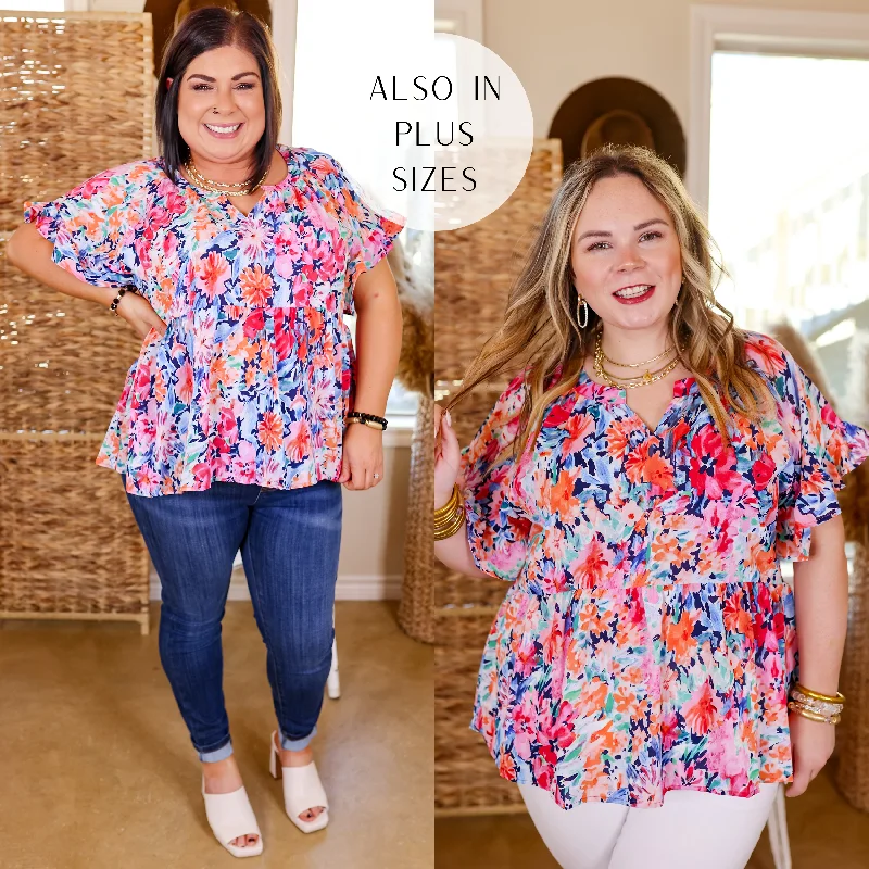 Spring Fever Floral Babydoll Top with Ruffle Short Sleeves in Pink and Blue Mix