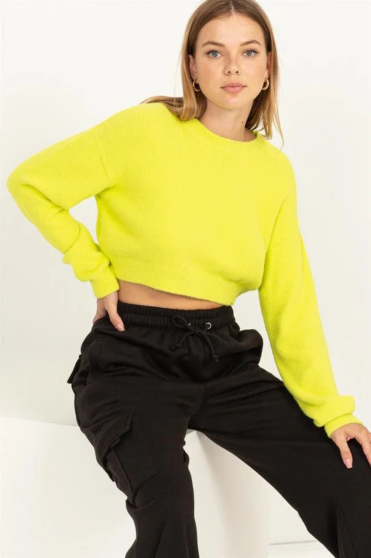 Round Neck Cropped Sweater in Lime