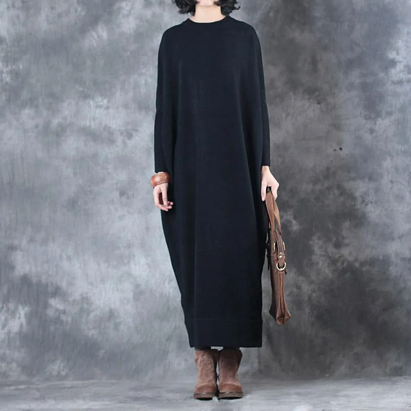 Warm Black Sweater Dresses Batwing Sleeve Trendy Plus Size O Neck Fall Dresses Elegant Pullover