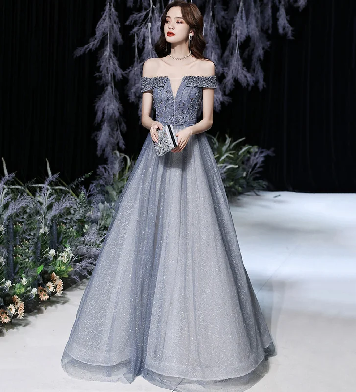 Statement pieces for the confident woman   GREY TULLE BEADS LONG PROM DRESS SHINY EVENING DRESS   cg15625