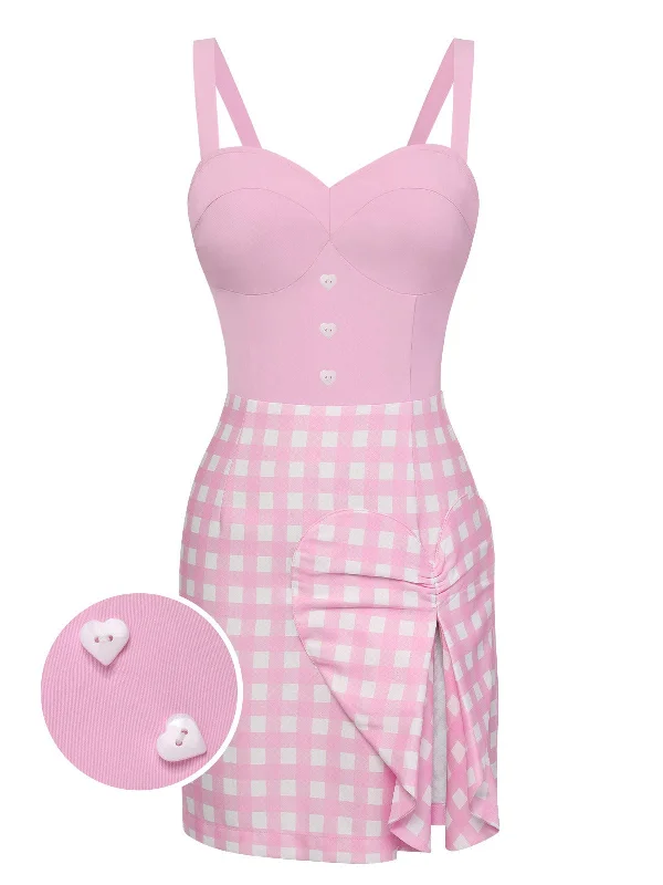 Clothing that’s as bold as you are   Pink 1960s Plaid Love Slit Strap Dress