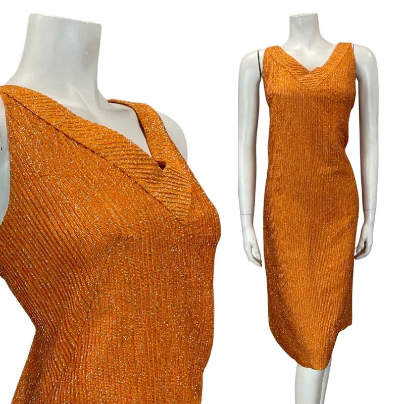 High-quality women’s wear for everyday elegance   VINTAGE 60s 70s BURNT ORANGE SILVER LUREX V-NECK PARTY SLEEVELESS DRESS 12 14