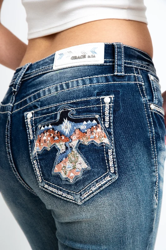 Comfortable yet fashionable women’s wear   Eagle Detail Mid Rise Bootcut Embellished Jeans