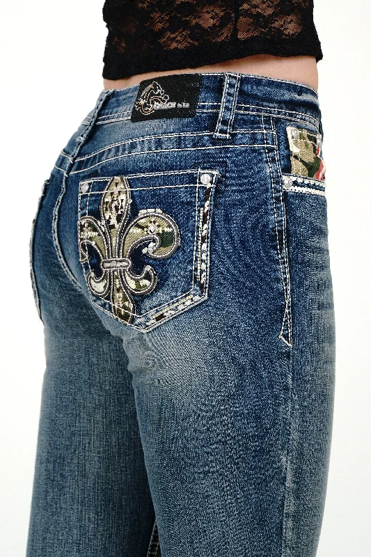 Cozy women’s clothing for the colder months   Flu De Lee Camo Embellished Mid Rise  Bootcut Jeans
