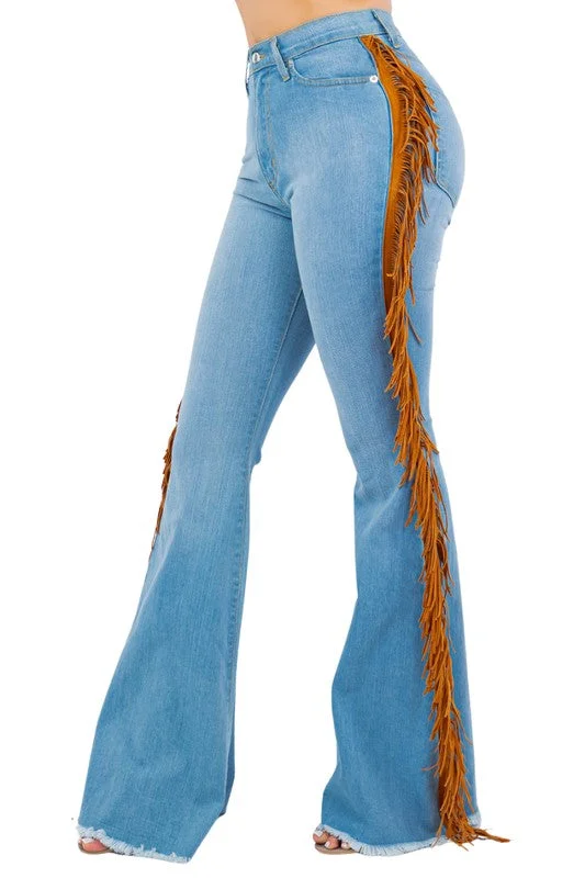Feminine silhouettes for the modern woman   Fringe Bell Bottom in Light Blue Inseam 32"