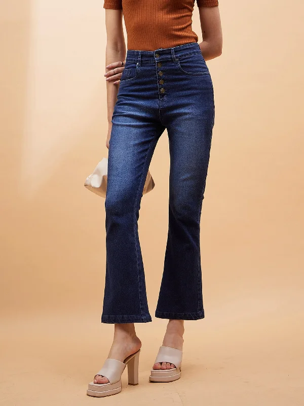 Fashionable clothing that fits every occasion   Women Navy Blue Boot Cut Mid Rise Jeans